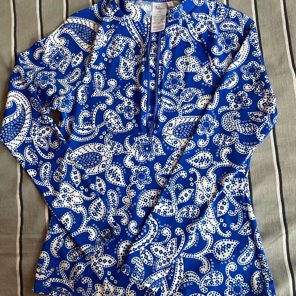Boden Blue Paisley Zip Up Rash Guard